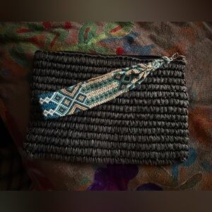 Navy Woven Clutch with Patterned Strap